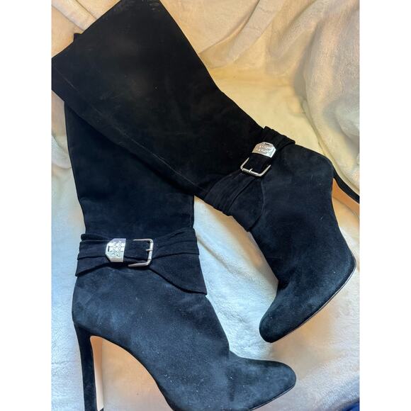 Antonio Melani Black High Heeled Suede Tall Boots with Buckle 8.5 - Picture 1 of 5